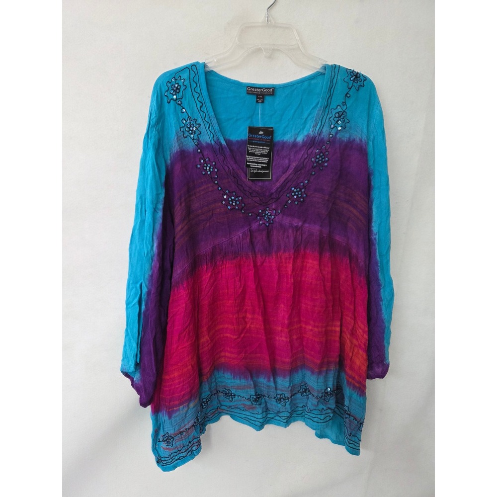 GreaterGood Women L/XL Boho Tie Dye Embroidered Sequin Rayon Tunic Top Blue Pink